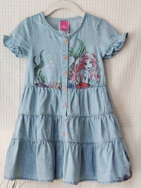 Disney Princess Lil' Girls Cotton Chambray Ariel Themed Motif Tiered Dress Sz 3T